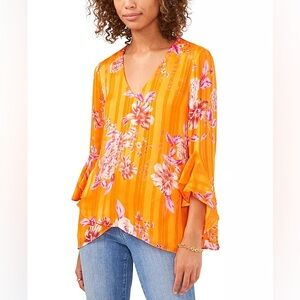 Vince Camuto Blouse Womens Large Orange Floral V-Neck Long Sleeve Pullover Top